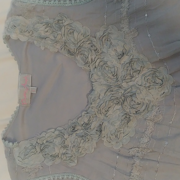 Pretty Angel Sheer Lace Trim Grey Dress Womens Size L Lined Boho - Picture 2 of 3